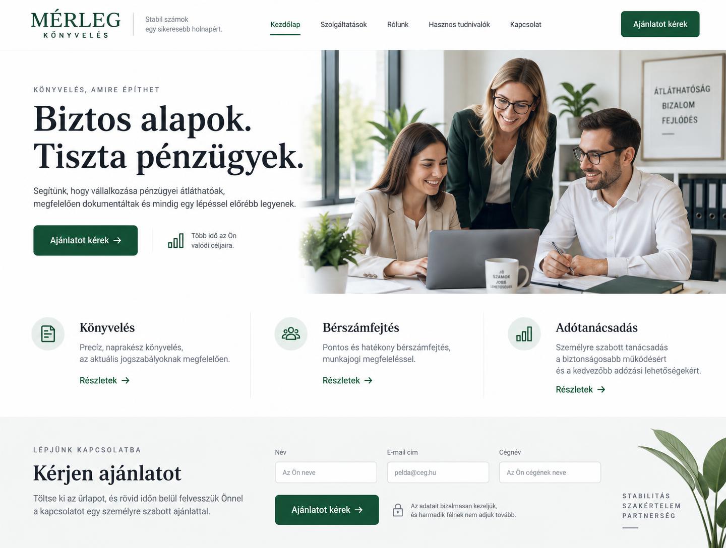 Generált könyvelőirodai mintaweboldal szolgáltatásokkal és ajánlatkérő űrlappal